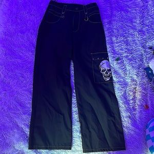 Long baggy pants - Non Stretchy - Size: S - Black with white skeleton design